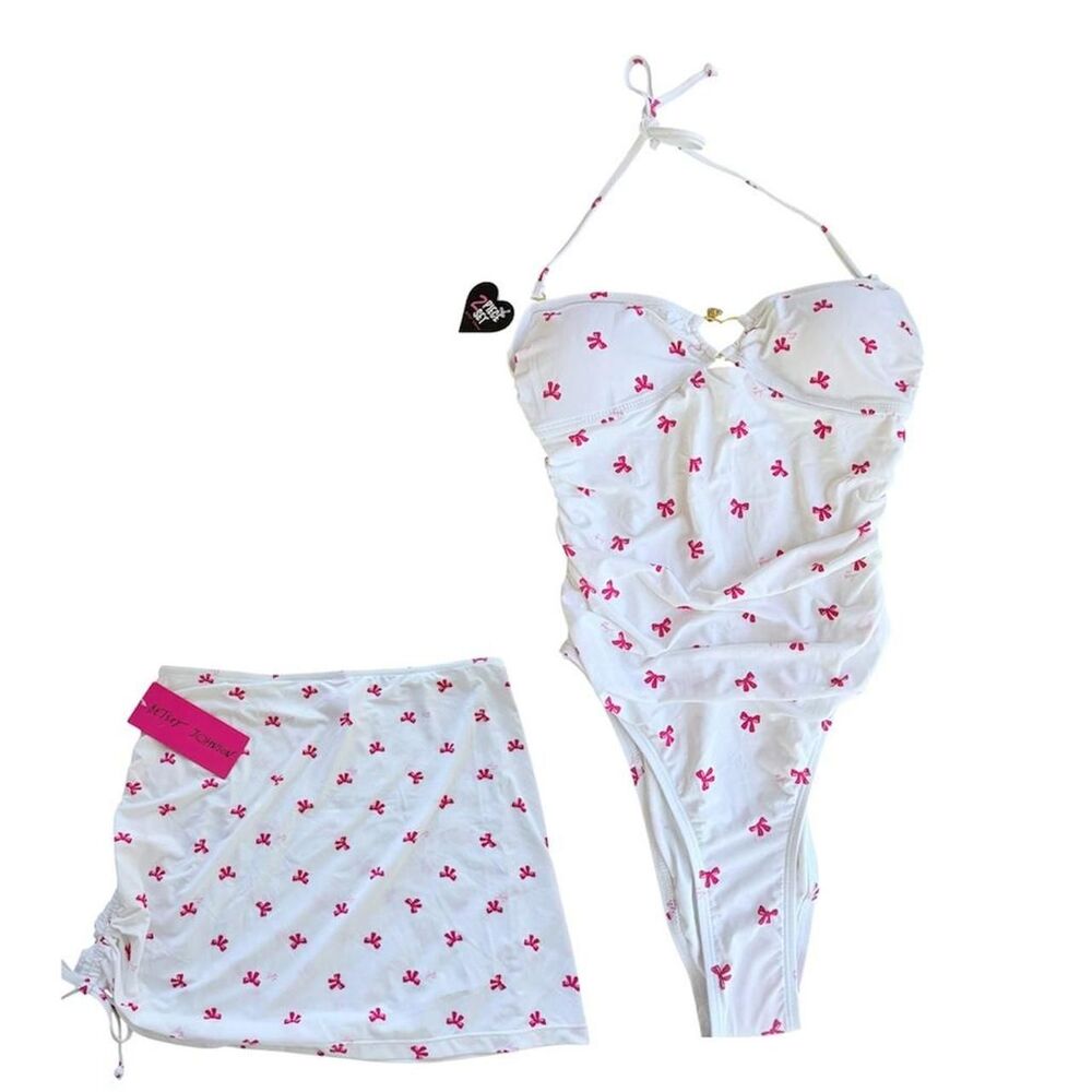 NWT Betsey Johnson Women's Betsey Johnson Pink Bow Swimsuit & Skirt Set Size S